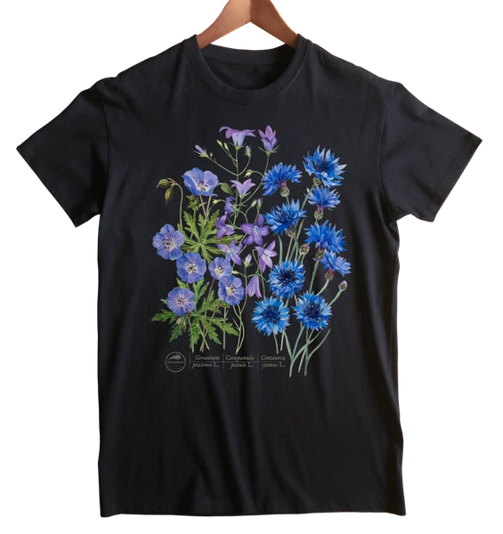 koszulka klasyczna, unisex, z motywem roślinnym, bukiet — błękitna łąka