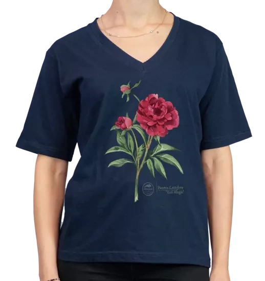 koszulka v-neck z motywem roślinnym — piwonia chińska 'Red Magic'